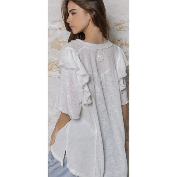 NWOT Boutique POL Ivory Buttoned Ruffled Short Sleeve Top - Picture 2 of 8